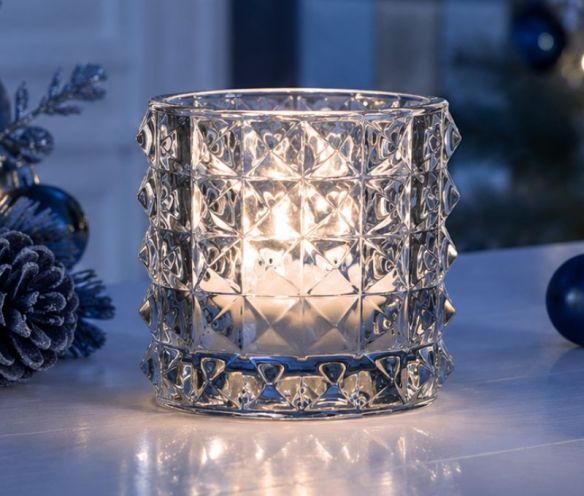 Photophore en verre bleu foncé transparent texturé motifs diamant en relief H9cm - Lilosquare
