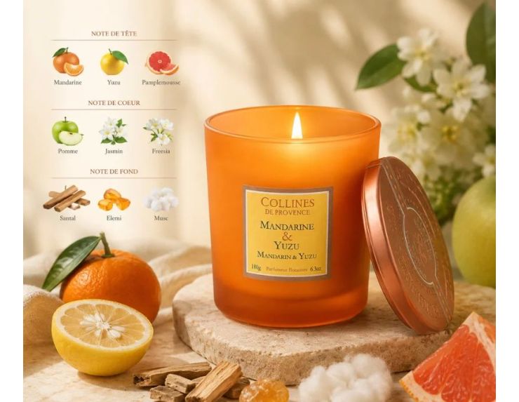 Bougie parfumée Mandarine & Yuzu Collines de Provence cire végétale verre orange 180g - Lilosquare