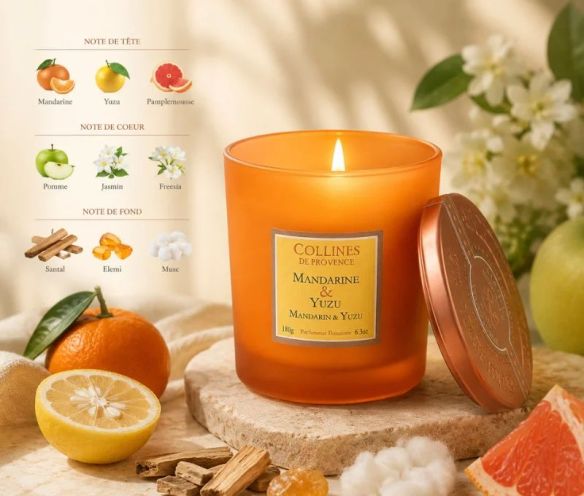 Bougie parfumée Mandarine & Yuzu Collines de Provence cire végétale verre orange 180g - Lilosquare