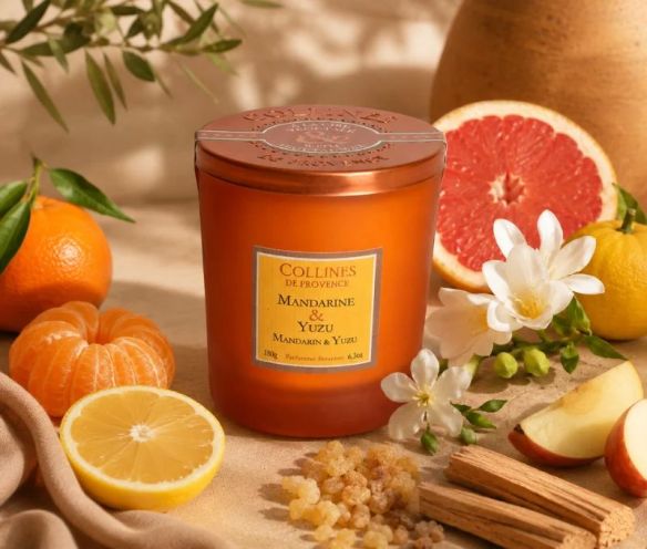 Bougie parfumée Mandarine & Yuzu Collines de Provence cire végétale verre orange 180g - Lilosquare