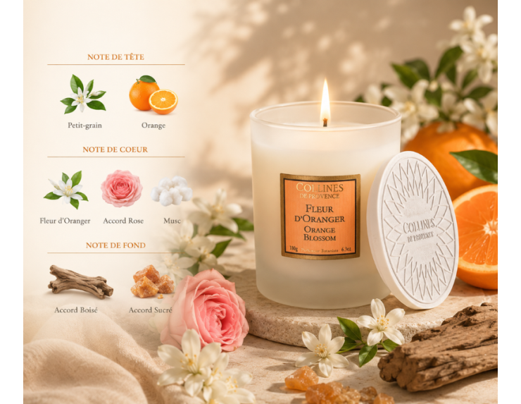 Bougie parfumée fleur d'oranger Collines de Provence cire végétale verre givré blanc 180g - Lilosquare