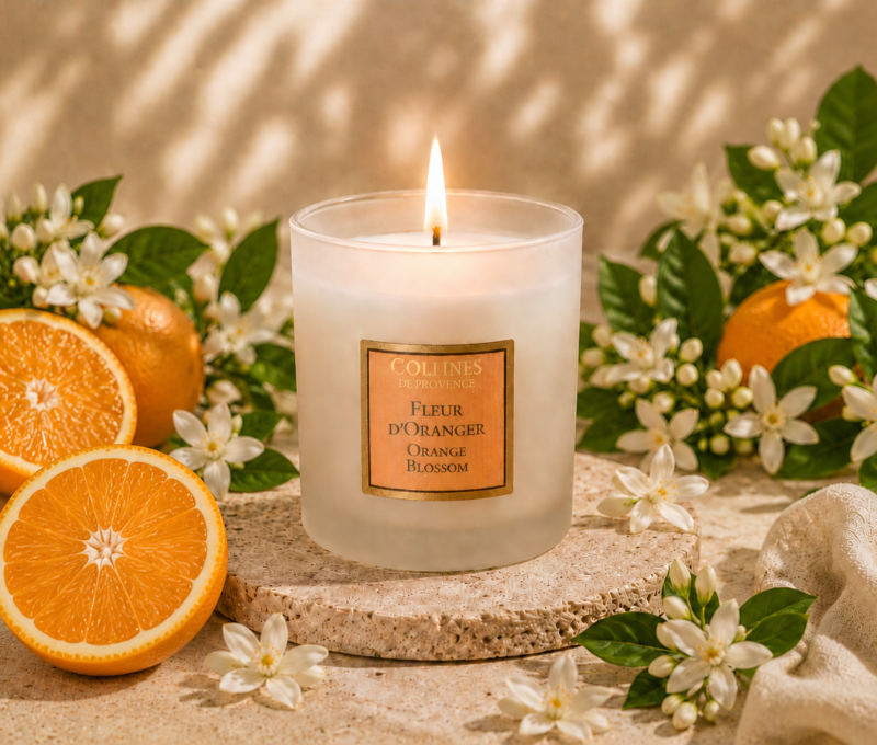 Bougie parfumée fleur d'oranger Collines de Provence cire végétale verre givré blanc 180g - Lilosquare