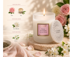 Bougie parfumée Rose Ancienne Collines de Provence cire végétale verre givré blanc 180g - Lilosquare