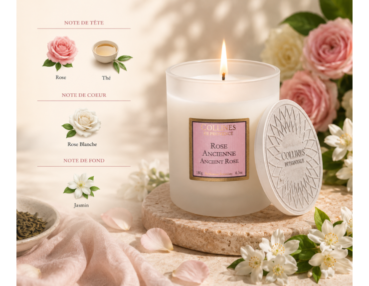 Bougie parfumée Rose Ancienne Collines de Provence cire végétale verre givré blanc 180g - Lilosquare