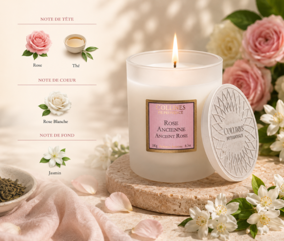 Bougie parfumée Rose Ancienne Collines de Provence cire végétale verre givré blanc 180g - Lilosquare