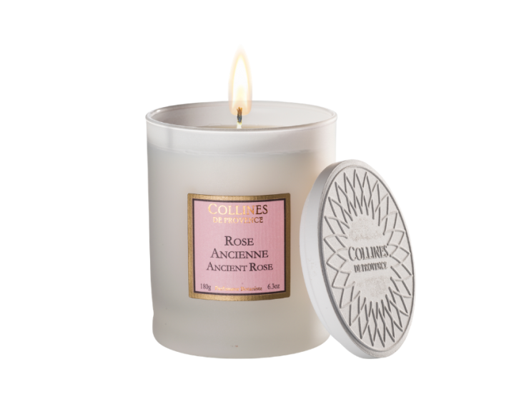 Bougie parfumée Rose Ancienne Collines de Provence cire végétale verre givré blanc 180g - Lilosquare
