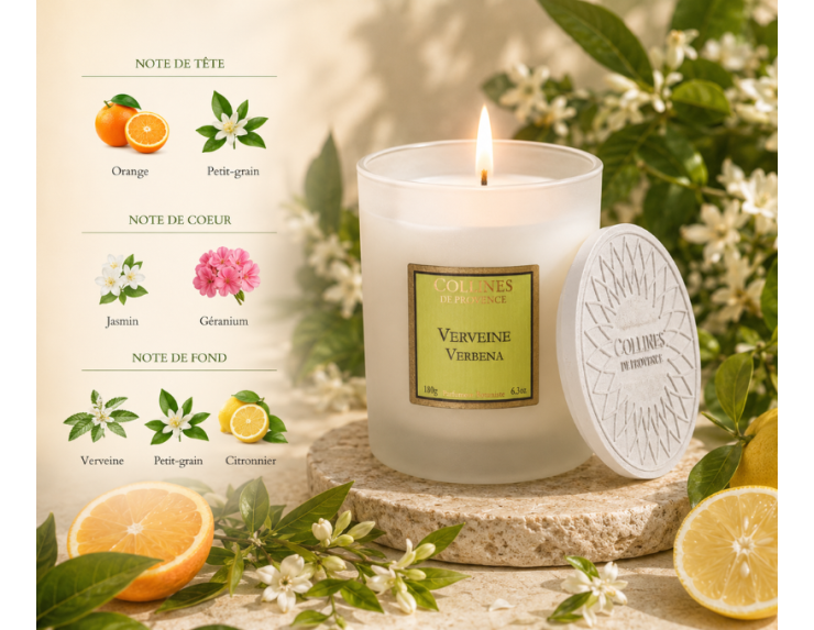 Bougie parfumée Verveine Collines de Provence cire végétale verre givré blanc capot argenté 180g - Lilosquare