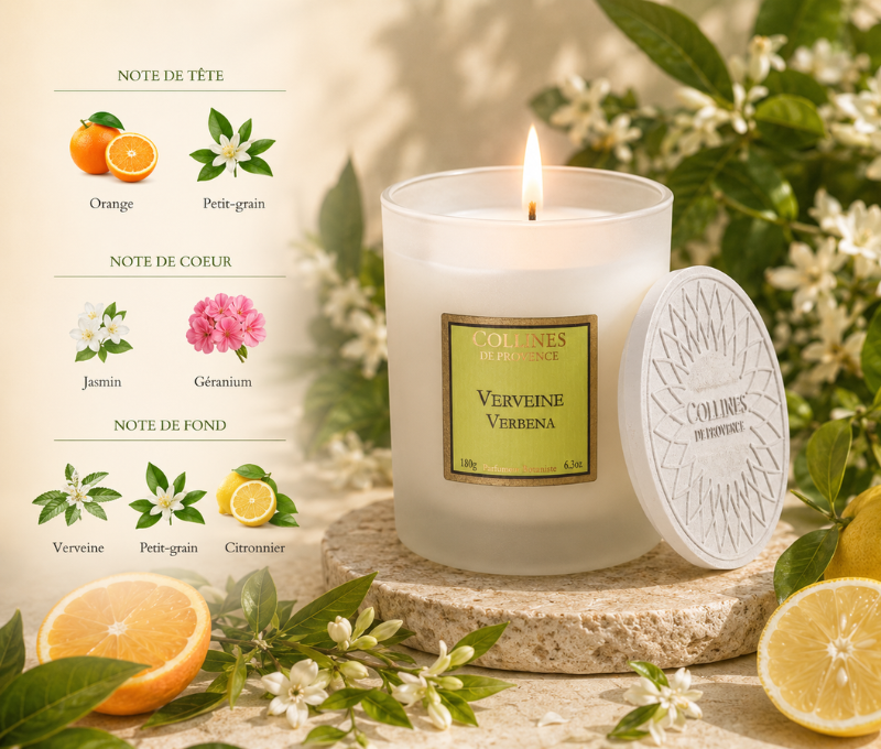 Bougie parfumée Verveine Collines de Provence cire végétale verre givré blanc capot argenté 180g - Lilosquare
