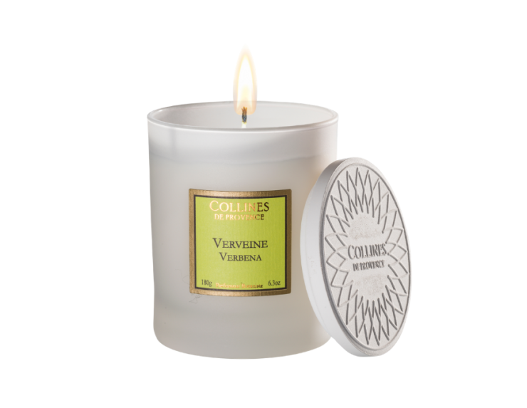 Bougie parfumée Verveine Collines de Provence cire végétale verre givré blanc capot argenté 180g - Lilosquare