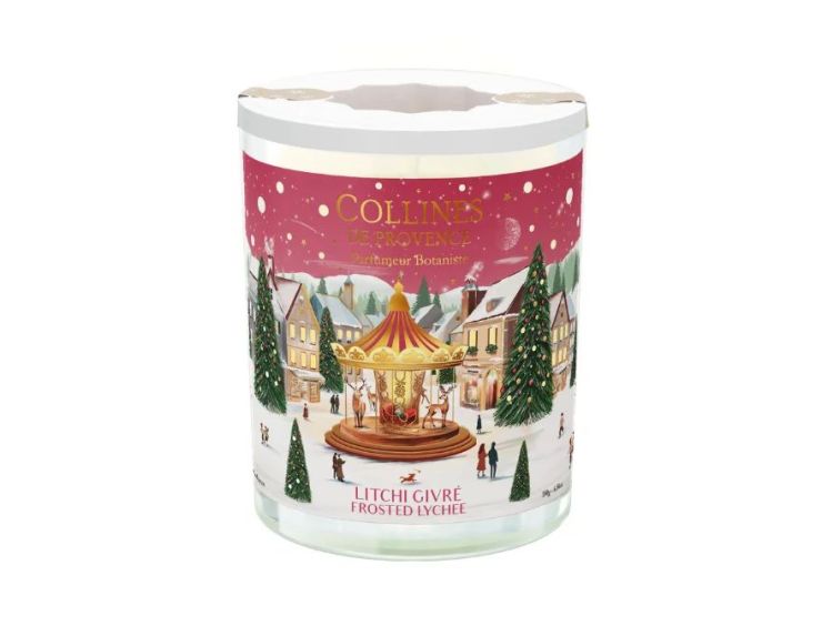 Bougie parfumée Litchi Givré édition Noël Collines de Provence décor village hivernal verre 180g - Lilosquare