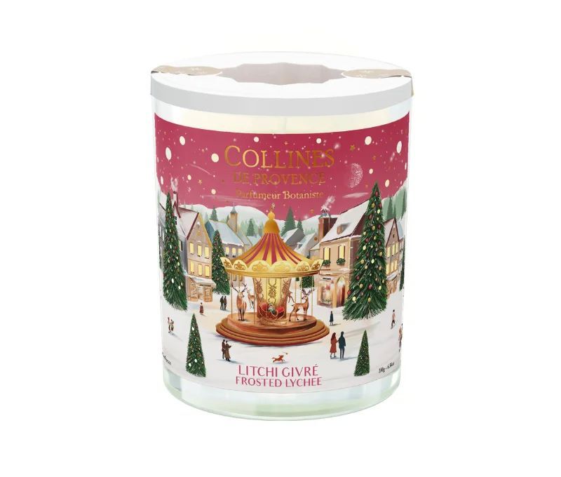 Bougie parfumée Litchi Givré édition Noël Collines de Provence décor village hivernal verre 180g - Lilosquare