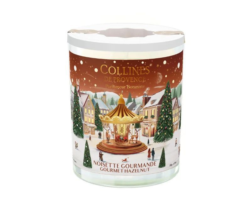 Bougie parfumée Noisette Gourmande édition Noël Collines de Provence village hivernal manège doré 180g - Lilosquare