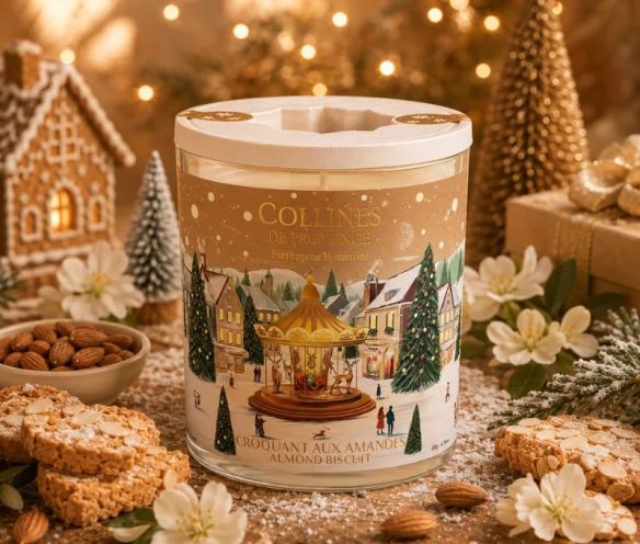 Bougie parfumée Croquant aux Amandes édition Noël Collines de Provence village hivernal manège doré amandes 180g - Lilosquare