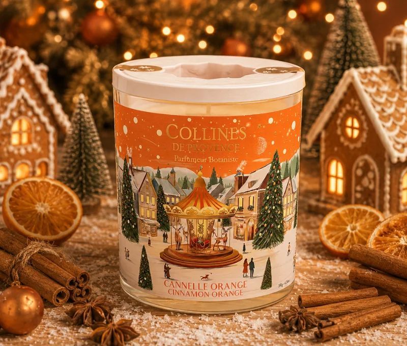 Bougie parfumée Cannelle Orange édition Noël Collines de Provence village hivernal manège doré 180g - Lilosquare