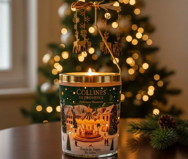 Coffret premium bougie photophore Forêt de Sapin Collines de Provence carrousel doré animé par la flamme 360g - Lilosquare