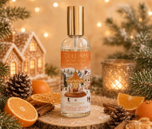 Spray d'ambiance Cannelle Orange édition Noël Collines de Provence flacon village hivernal manège doré 100ml - Lilosquare
