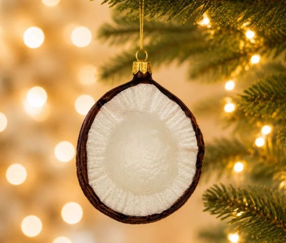 Boule de Noël originale en verre soufflé forme demi noix de coco brun et blanc Ø8cm - Lilosquare