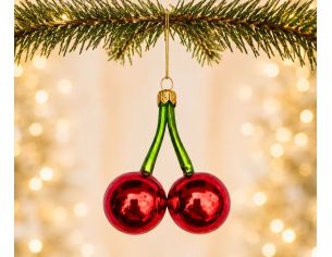 Boule de Noël originale en verre soufflé forme double cerise rouge brillant tige verte H8cm - Lilosquare