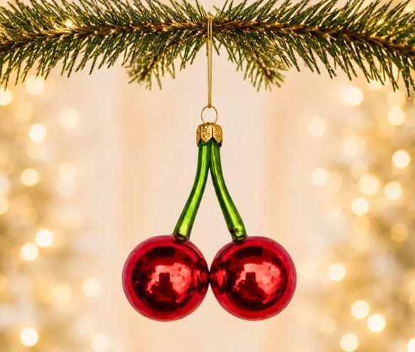 Boule de Noël originale en verre soufflé forme double cerise rouge brillant tige verte H8cm - Lilosquare