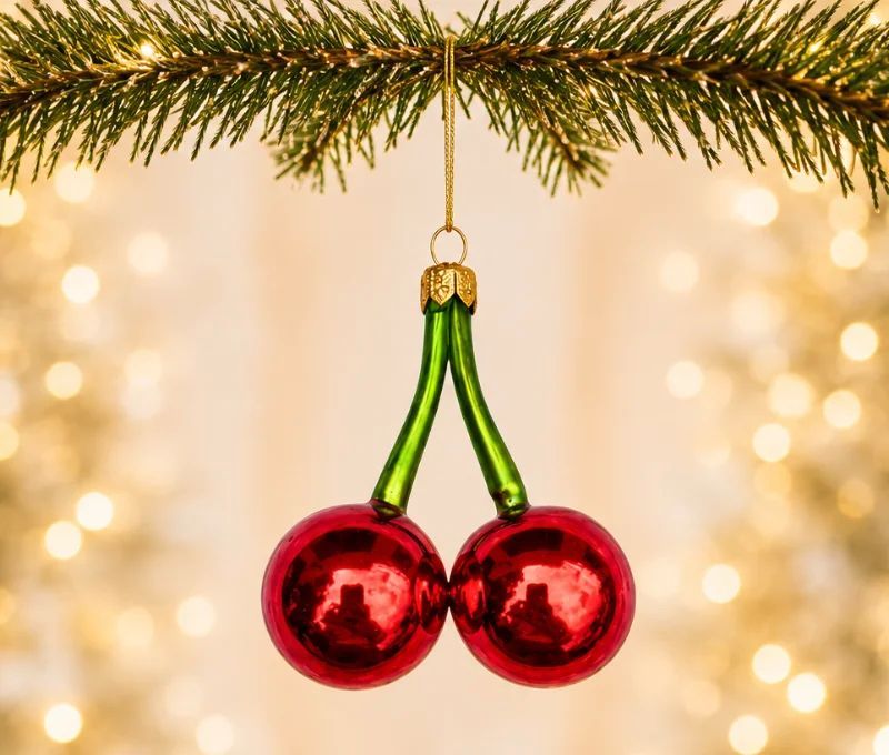 Boule de Noël originale en verre soufflé forme double cerise rouge brillant tige verte H8cm - Lilosquare