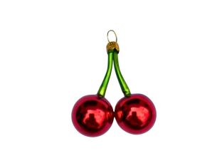 Boule de Noël originale en verre soufflé forme double cerise rouge brillant tige verte H8cm - Lilosquare