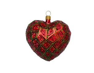 Suspension de Noël en verre soufflé forme cœur rouge pailleté motifs résille vert sapin H7cm Ø8cm - Lilosquare