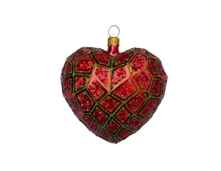 Suspension de Noël en verre soufflé forme cœur rouge pailleté motifs résille vert sapin H7cm Ø8cm - Lilosquare