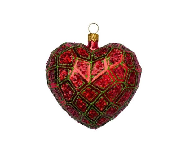 Suspension de Noël en verre soufflé forme cœur rouge pailleté motifs résille vert sapin H7cm Ø8cm - Lilosquare