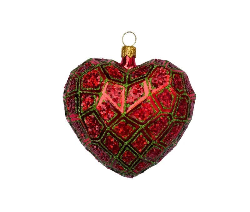 Suspension de Noël en verre soufflé forme cœur rouge pailleté motifs résille vert sapin H7cm Ø8cm - Lilosquare
