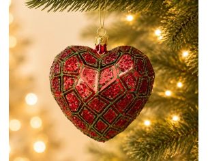 Suspension de Noël en verre soufflé forme cœur rouge pailleté motifs résille vert sapin H7cm Ø8cm - Lilosquare