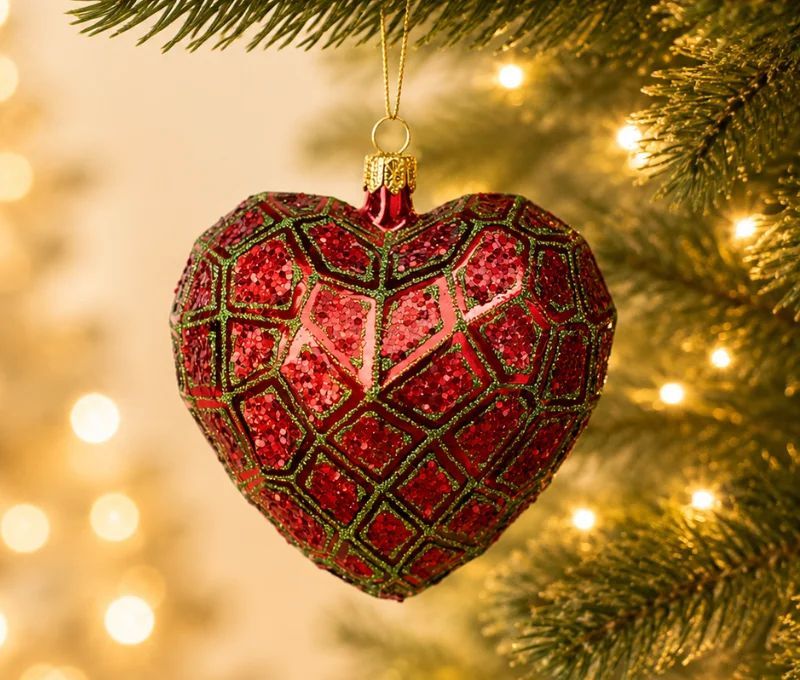 Suspension de Noël en verre soufflé forme cœur rouge pailleté motifs résille vert sapin H7cm Ø8cm - Lilosquare