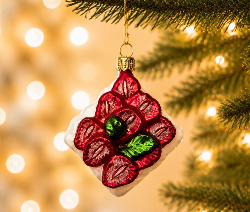 Suspension de Noël originale en verre soufflé forme cake à la fraise rouge et blanc H5cm - Lilosquare