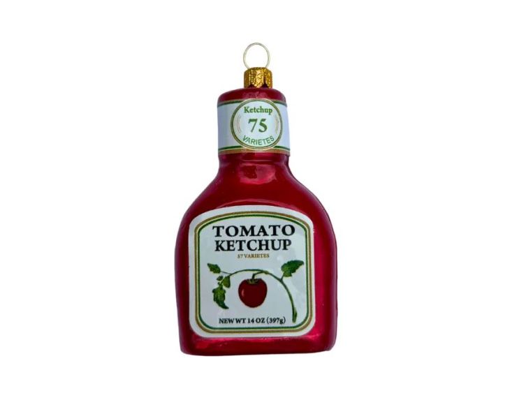 Suspension de Noël originale en verre soufflé forme bouteille ketchup rouge étiquette tomato H10cm - Lilosquare
