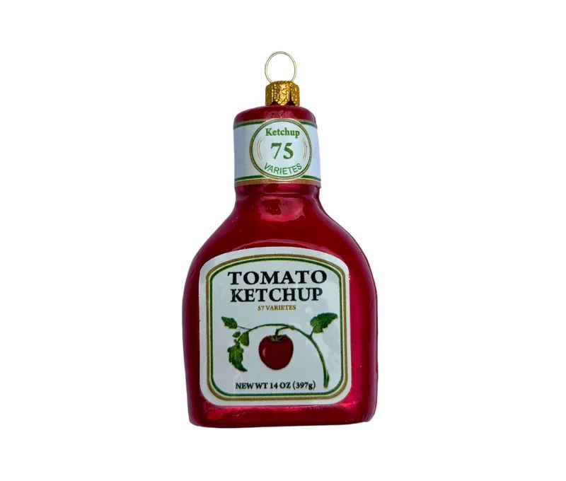 Suspension de Noël originale en verre soufflé forme bouteille ketchup rouge étiquette tomato H10cm - Lilosquare