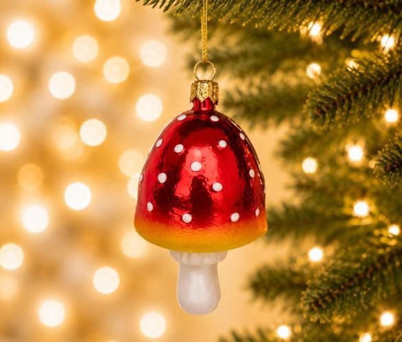 Suspension de Noël originale en verre soufflé petit champignon amanite rouge à pois blancs pied blanc H7cm Ø4cm - Lilosquare