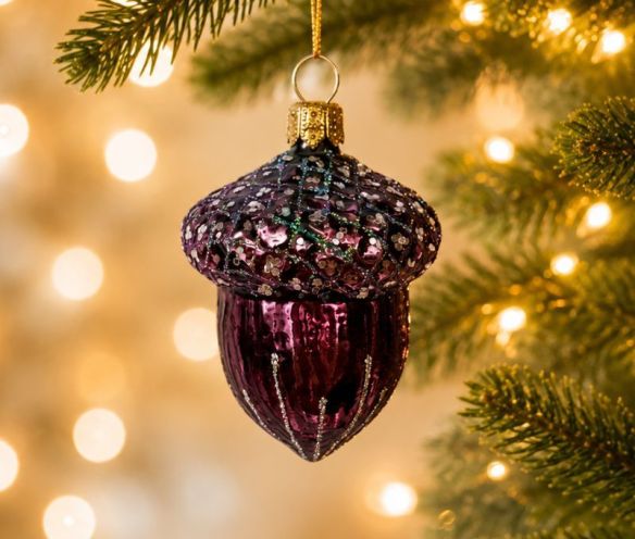 Suspension de Noël en verre soufflé gland mauve prune brillant chapeau pailleté violet bleu H5cm - Lilosquare