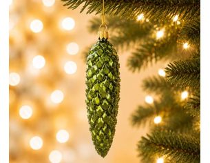 Suspension de Noël en verre soufflé pomme de pin verte pailletée élancée H16cm Ø3cm - Lilosquare