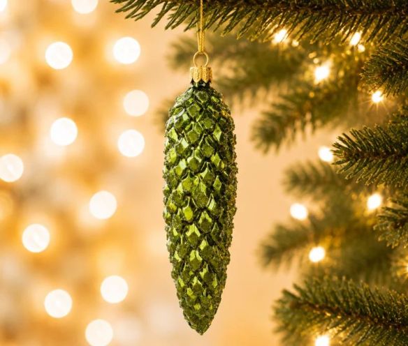 Suspension de Noël en verre soufflé pomme de pin verte pailletée élancée H16cm Ø3cm - Lilosquare