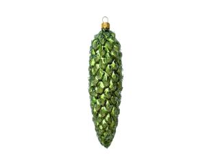 Suspension de Noël en verre soufflé pomme de pin verte pailletée élancée H16cm Ø3cm - Lilosquare