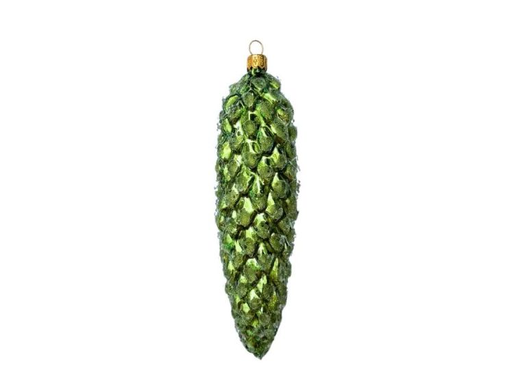 Suspension de Noël en verre soufflé pomme de pin verte pailletée élancée H16cm Ø3cm - Lilosquare