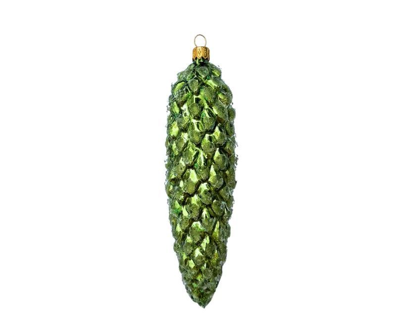 Suspension de Noël en verre soufflé pomme de pin verte pailletée élancée H16cm Ø3cm - Lilosquare