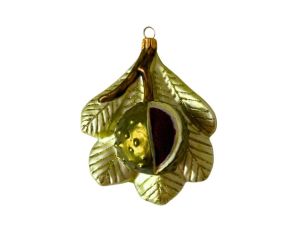 Suspension de Noël en verre soufflé châtaigne ouverte vert doré feuilles pailletées bogue bordeaux H13cm - Lilosquare