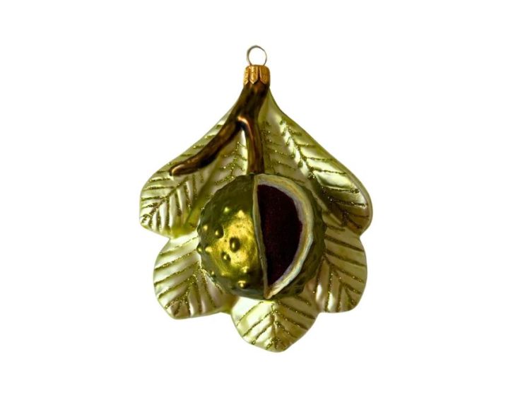 Suspension de Noël en verre soufflé châtaigne ouverte vert doré feuilles pailletées bogue bordeaux H13cm - Lilosquare