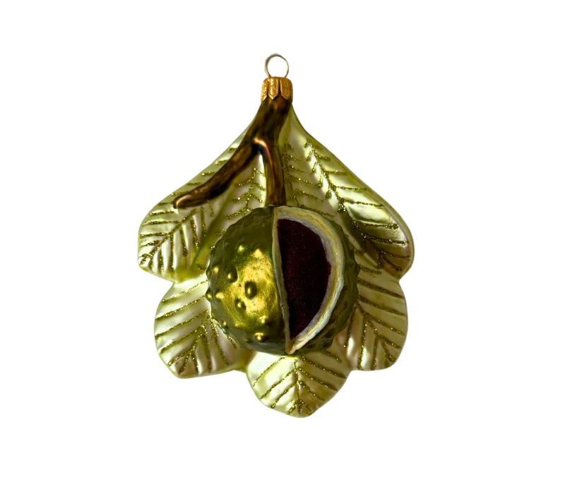 Suspension de Noël en verre soufflé châtaigne ouverte vert doré feuilles pailletées bogue bordeaux H13cm - Lilosquare