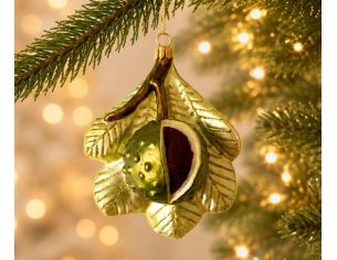 Suspension de Noël en verre soufflé châtaigne ouverte vert doré feuilles pailletées bogue bordeaux H13cm - Lilosquare