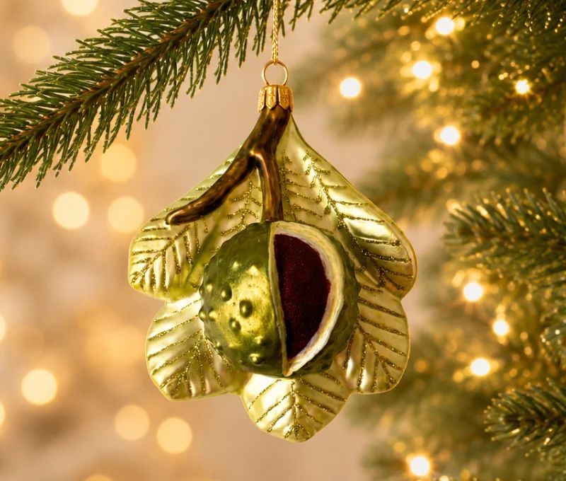Suspension de Noël en verre soufflé châtaigne ouverte vert doré feuilles pailletées bogue bordeaux H13cm - Lilosquare