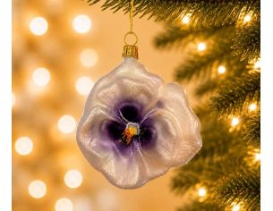 Boule de Noël originale en verre soufflé forme pensée blanche nacré pailleté cœur violet doré Ø7cm - Lilosquare