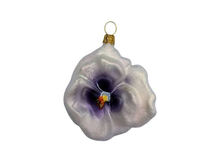 Boule de Noël originale en verre soufflé forme pensée blanche nacré pailleté cœur violet doré Ø7cm - Lilosquare