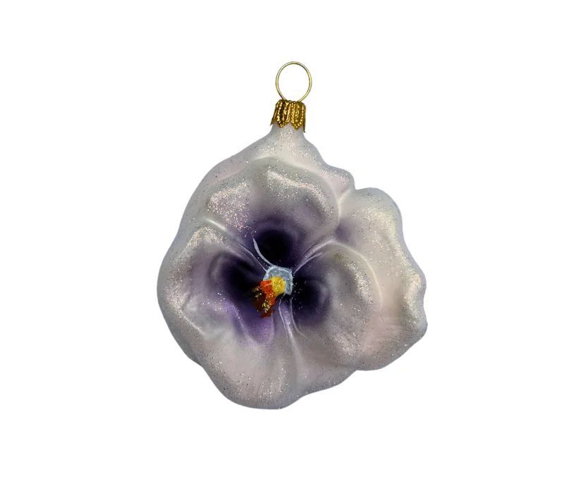 Boule de Noël originale en verre soufflé forme pensée blanche nacré pailleté cœur violet doré Ø7cm - Lilosquare