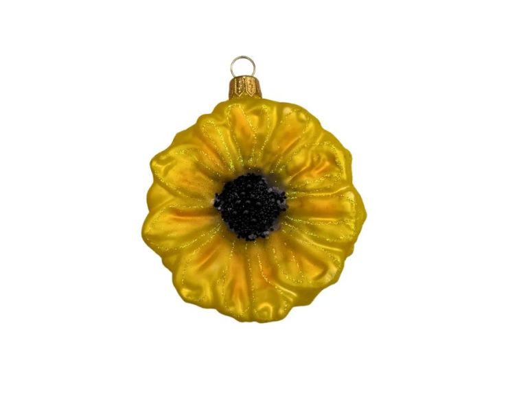 Boule de Noël originale en verre soufflé forme tournesol jaune doré cœur noir pailleté H9cm Ø7cm - Lilosquare